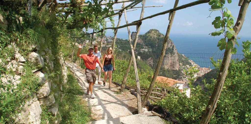 Walkers on a trail along Amalfi Coast, Sorrento, Italy