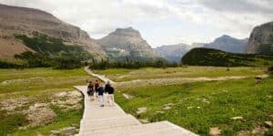 Group of guests on a walking tour in Glacier National Park, Montana
