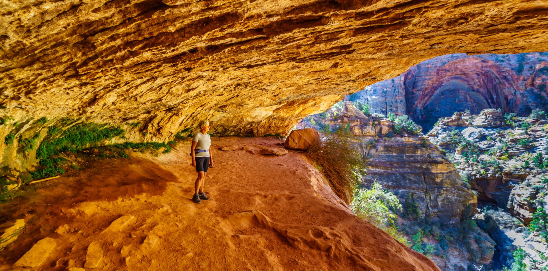 Traveler enjoying the views at Canyon Overlook Trail in Zion National Park