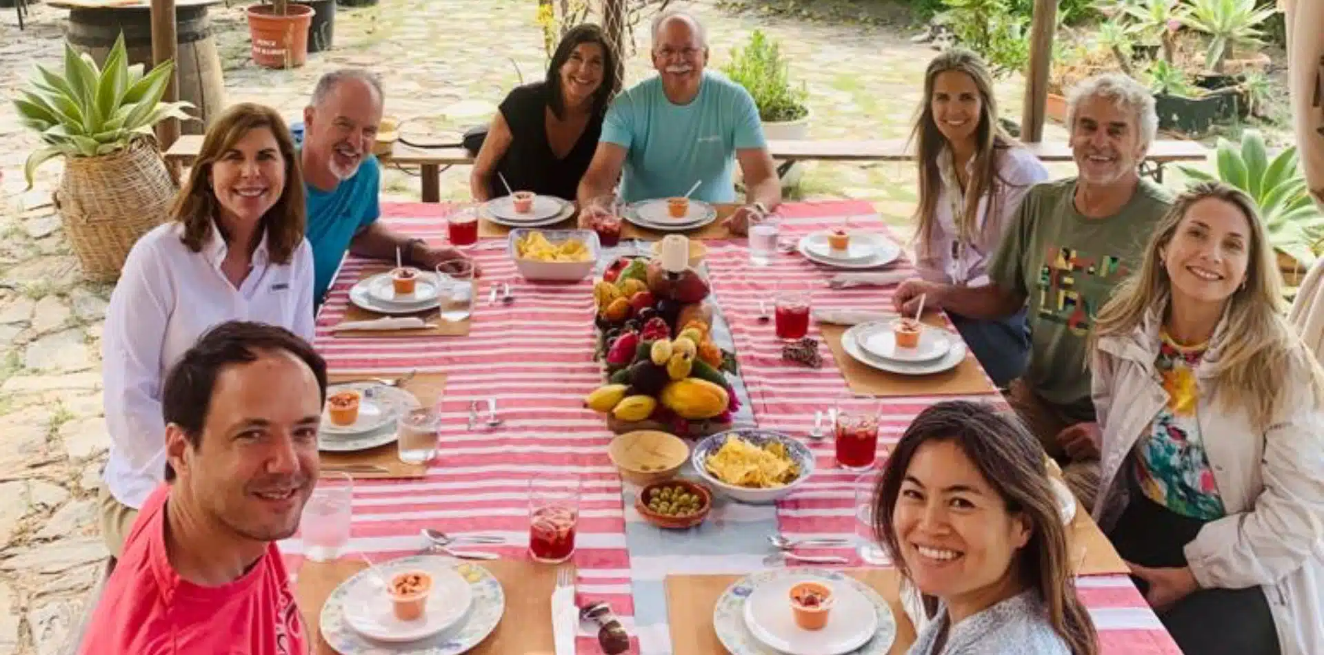 Travelers dining outside in Spain