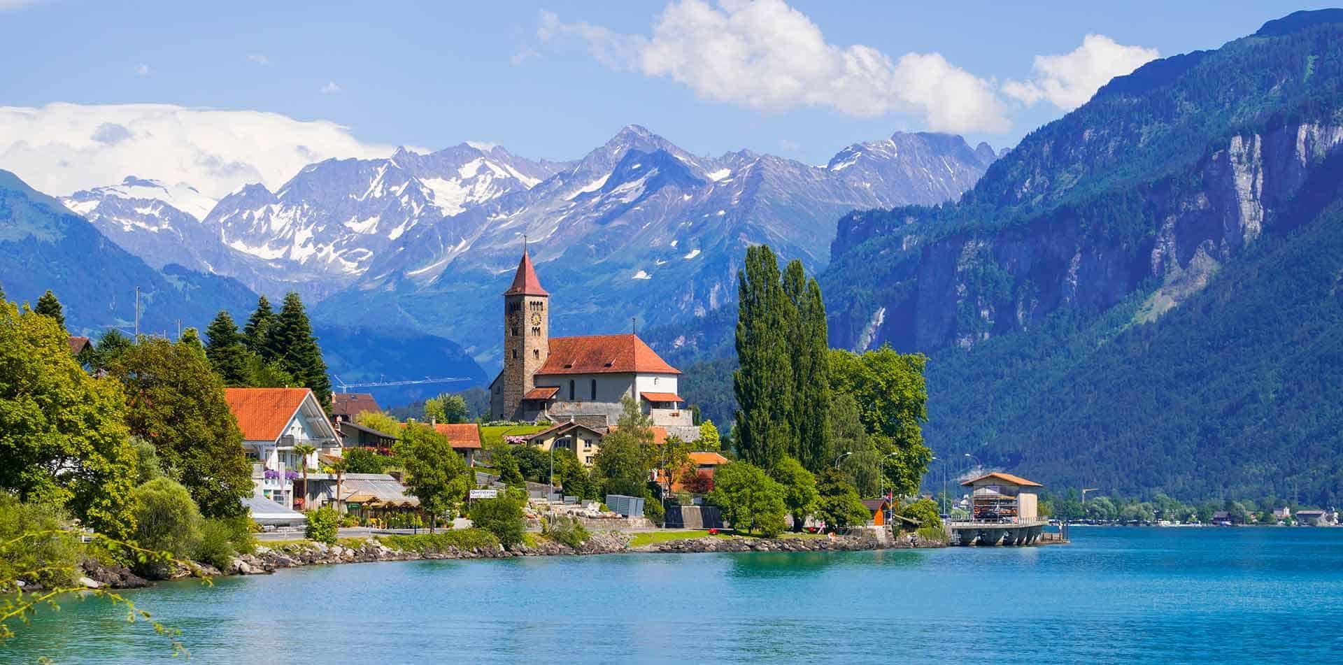 Mountain scenery and beautiful blue lake in Switzerland
