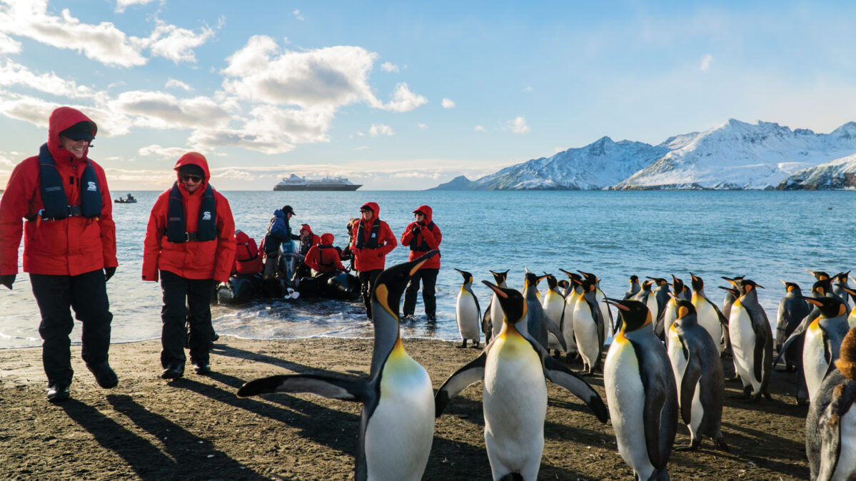 People in red jackets with Penguins.