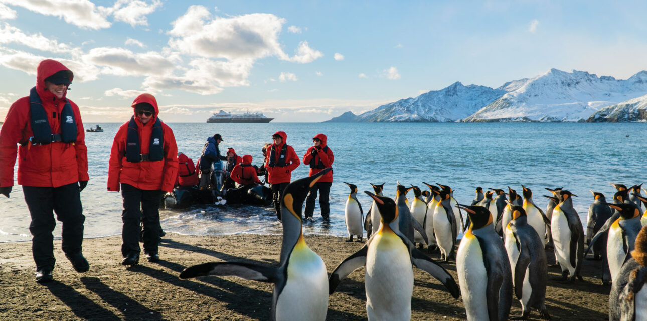 People in red jackets with Penguins.