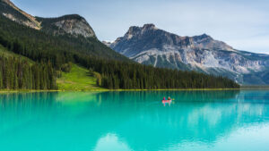 A lake in front of the Canadian Rockies
