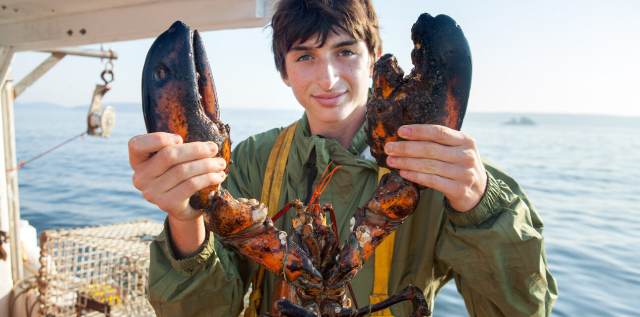 A boy holding a lobster in Nova Scotia