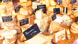 Various labeled cheeses.