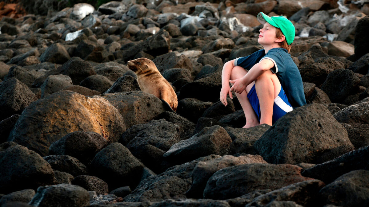 A young boy sitting with a seal.
