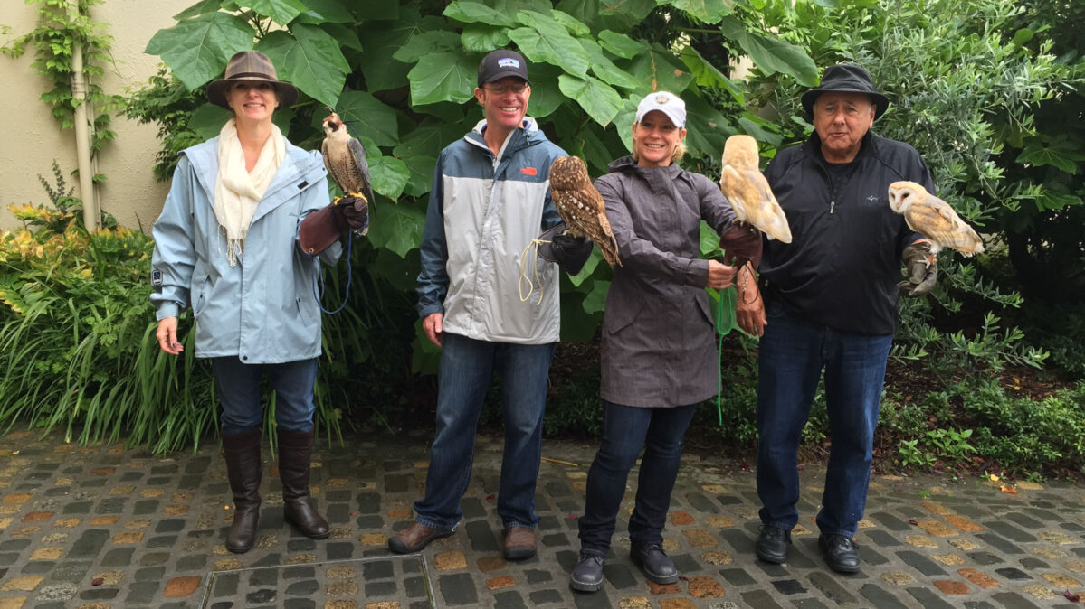 A group posing with falcons.