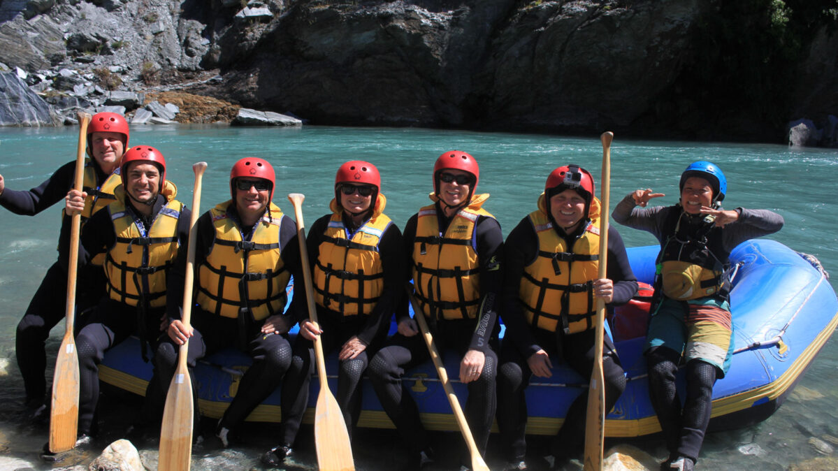 A group ready to go white water rafting.