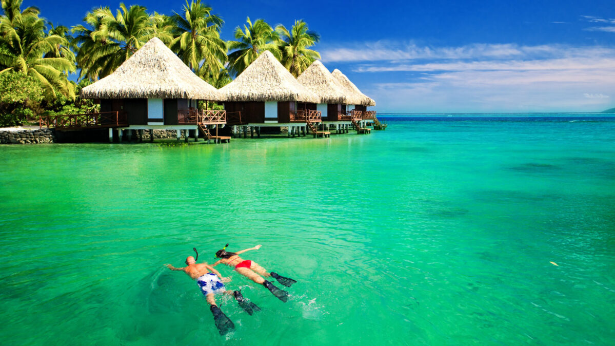 A couple scuba diving in clear blue water.