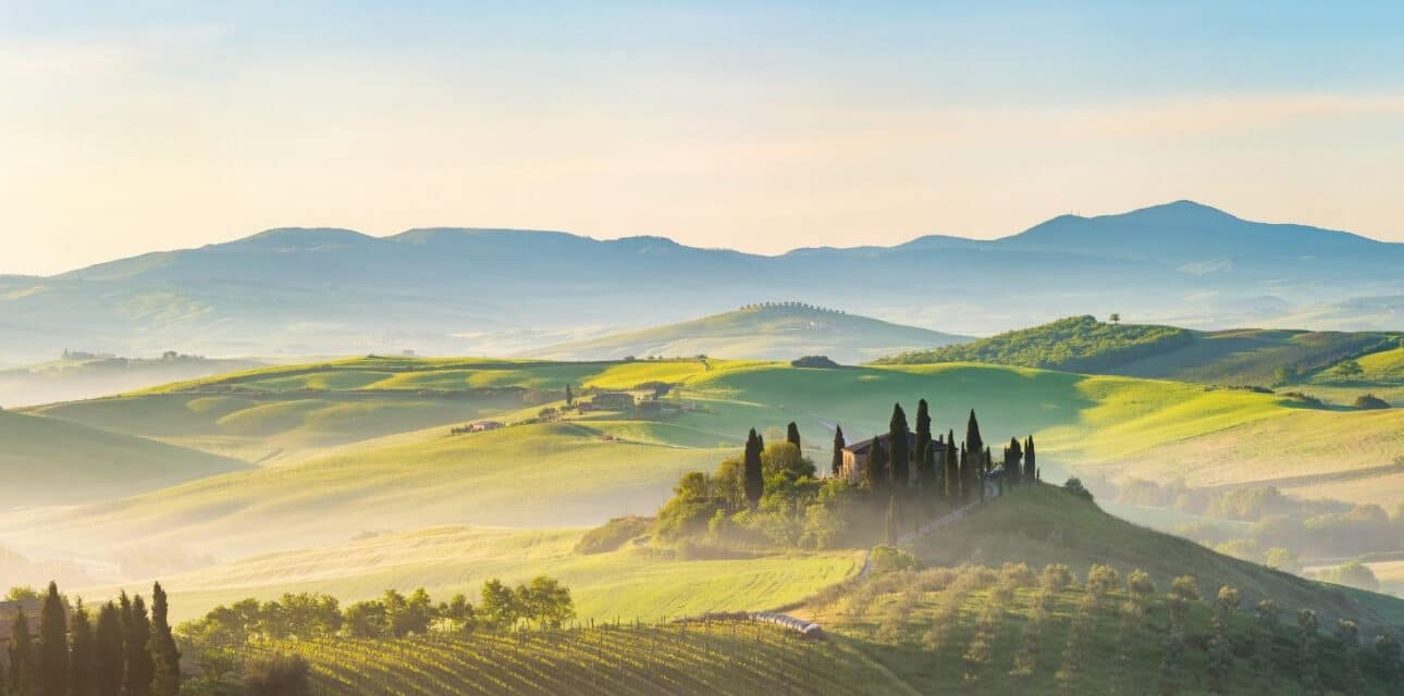 A hazy countryside in Italy.