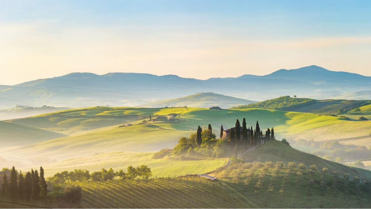 A hazy countryside in Italy.