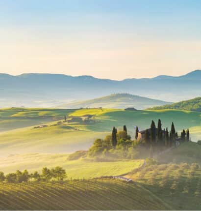 A hazy countryside in Italy.