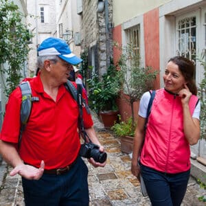 A tour guide engaged with a tourist.
