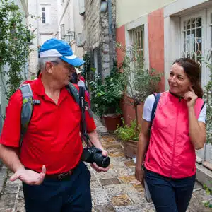 A tour guide engaged with a tourist.