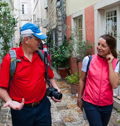 A tour guide engaged with a tourist.