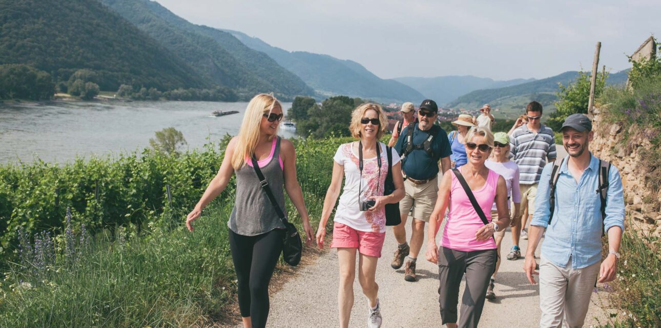 Tourists on a walking tour.