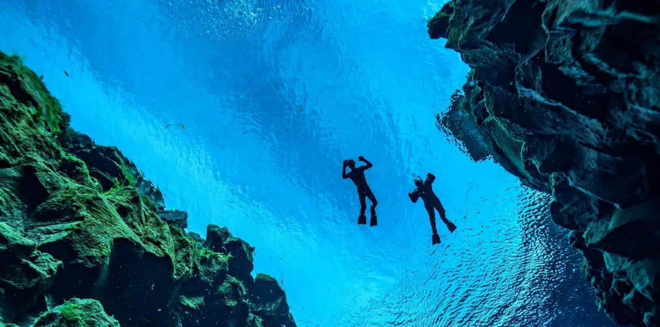 An underwater view of two people swimming.