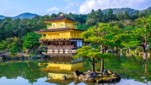 A pagoda near a lake in Kyoto, Japan