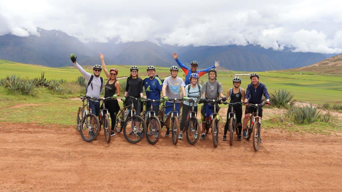 A group of people on bikes in Peru.