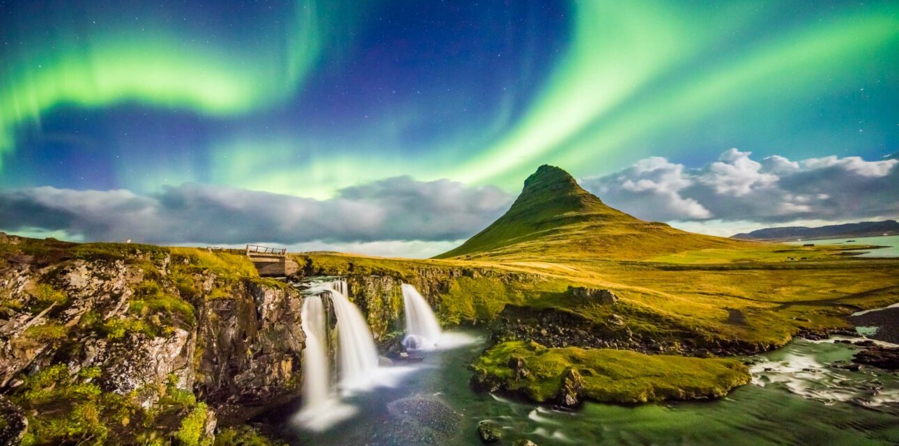 European northern lights and waterfall.