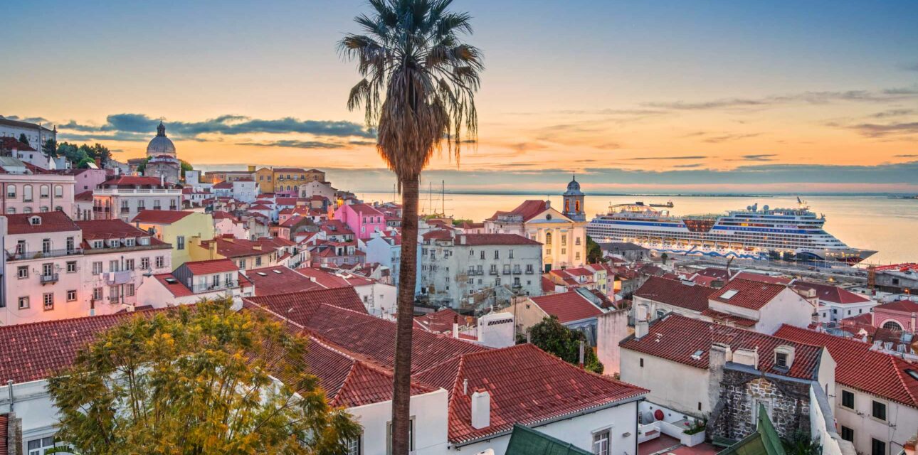 A city landscape with a palm tree in Portugal.