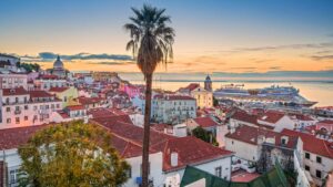 A city landscape with a palm tree in Portugal.