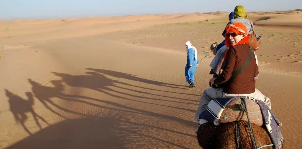 Camel riding through the desert in Morocco