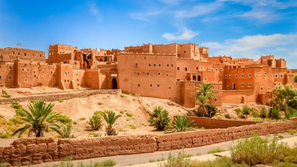 Ornate tan buildings in the city of Ouarzazate in Morocco