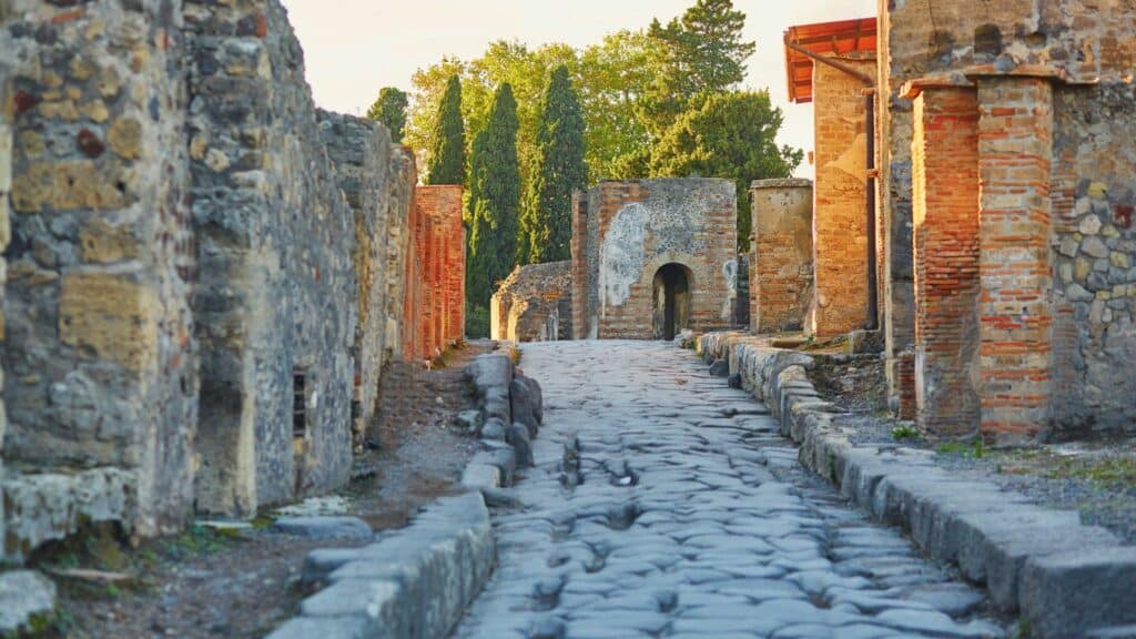 The ruins of Herculaneum, showing old brick buildings and walkways