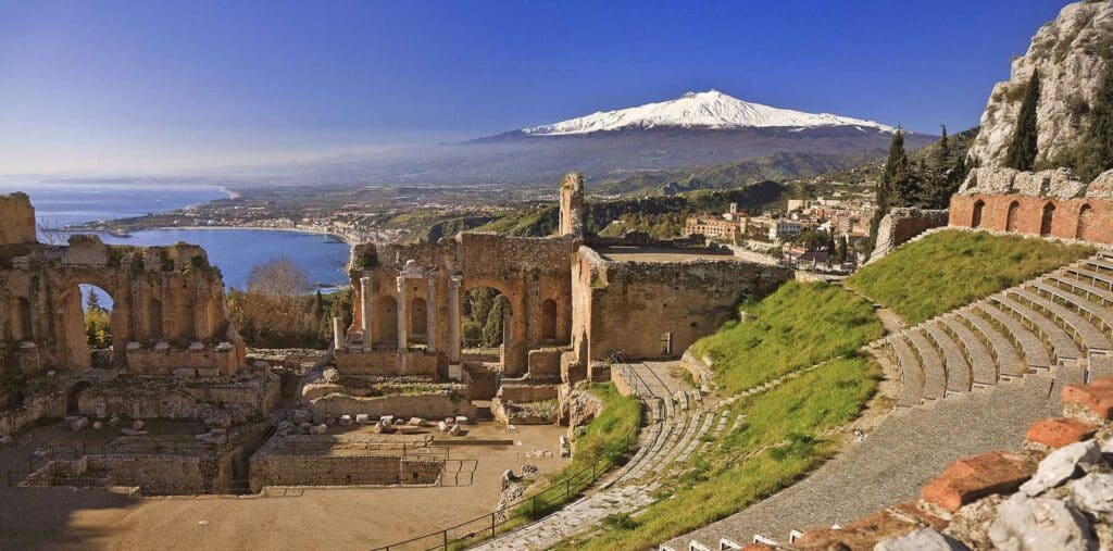 Image of Taormina and Mt. Etna off the coast of Sicily