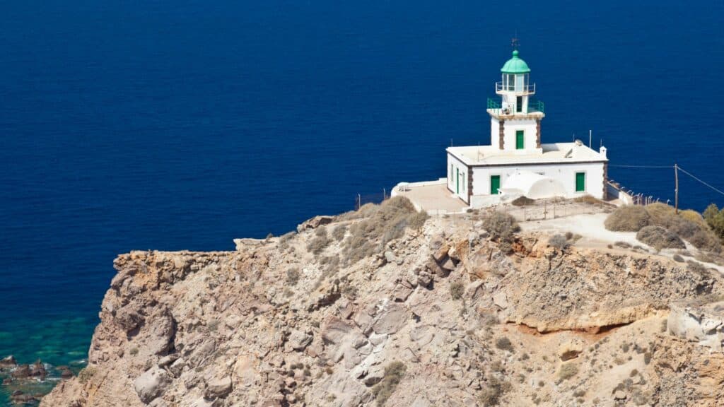 Akrotiri Lighthouse stands along the coastline of Greece