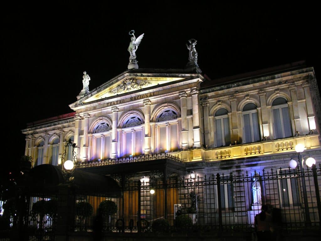 The National Theater of Costa Rica lit up at night