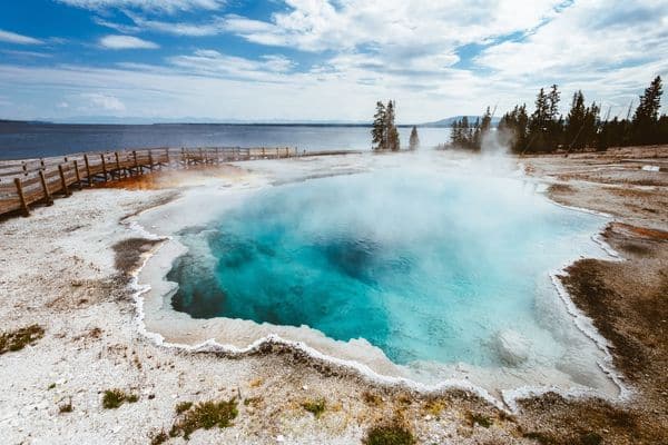 Bright blue colors of West Thumb Geyser Basin in Yellowstone