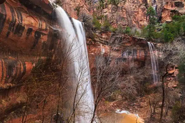 A waterfall at The Emerald Pools in Zion Canyon