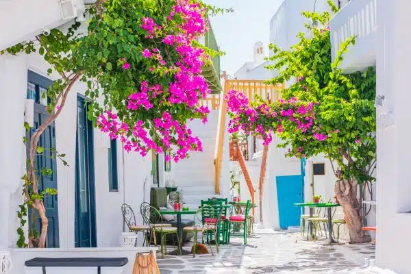 The colorful streets of Mykonos, Greece