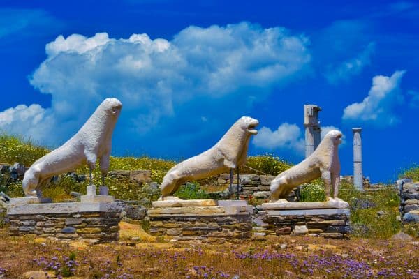 The terrace of lions statues on the islands of Delos, Greece