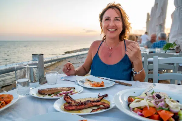 Sit seaside and savor a meal of Greek delacacies, including souvlaki, Meze and spanakopita.