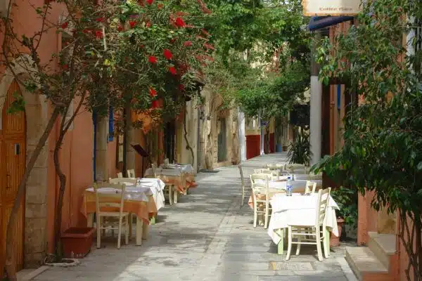 A charming city street in Rethymno on the island of Crete, Greece.