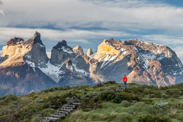 Person standing in front of peaks in Torres del Paine