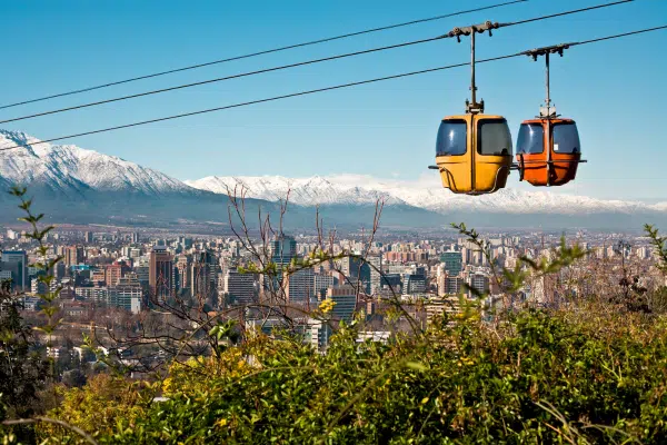 Cable car in San Cristobal hill, overlooking a panoramic view of Santiago, Chile