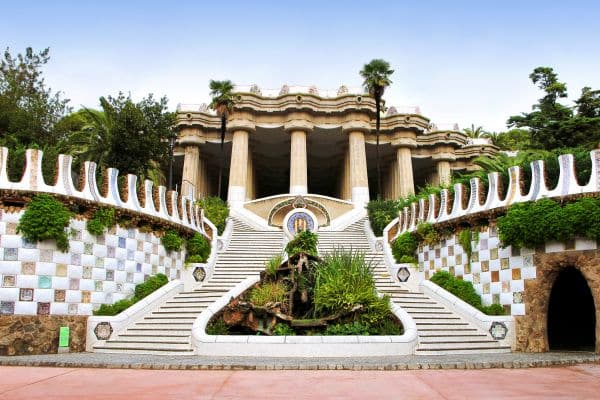 The whimsical staircase entrance to Park Guell in Barcelona