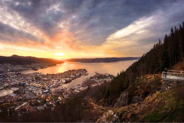 Scenic views from Mt. Floyen of the city of Bergen during sunset
