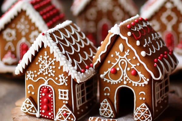 Gingerbread houses decorated for the holidays