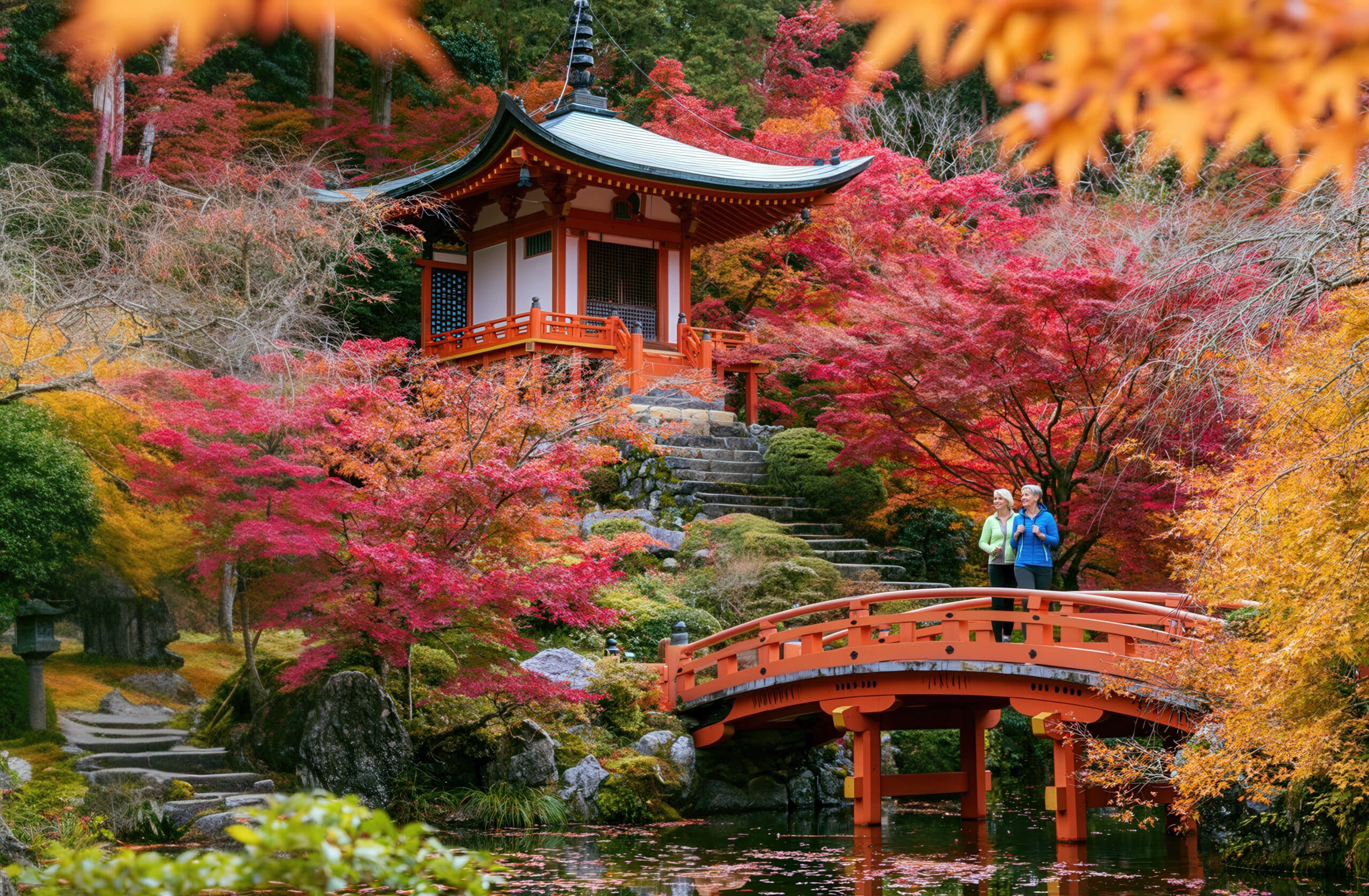 Two Classic Journeys guests walk across a traditional red Japanese bridge surrounded by vibrant autumn foliage at Daigo-ji Temple in Kyoto.