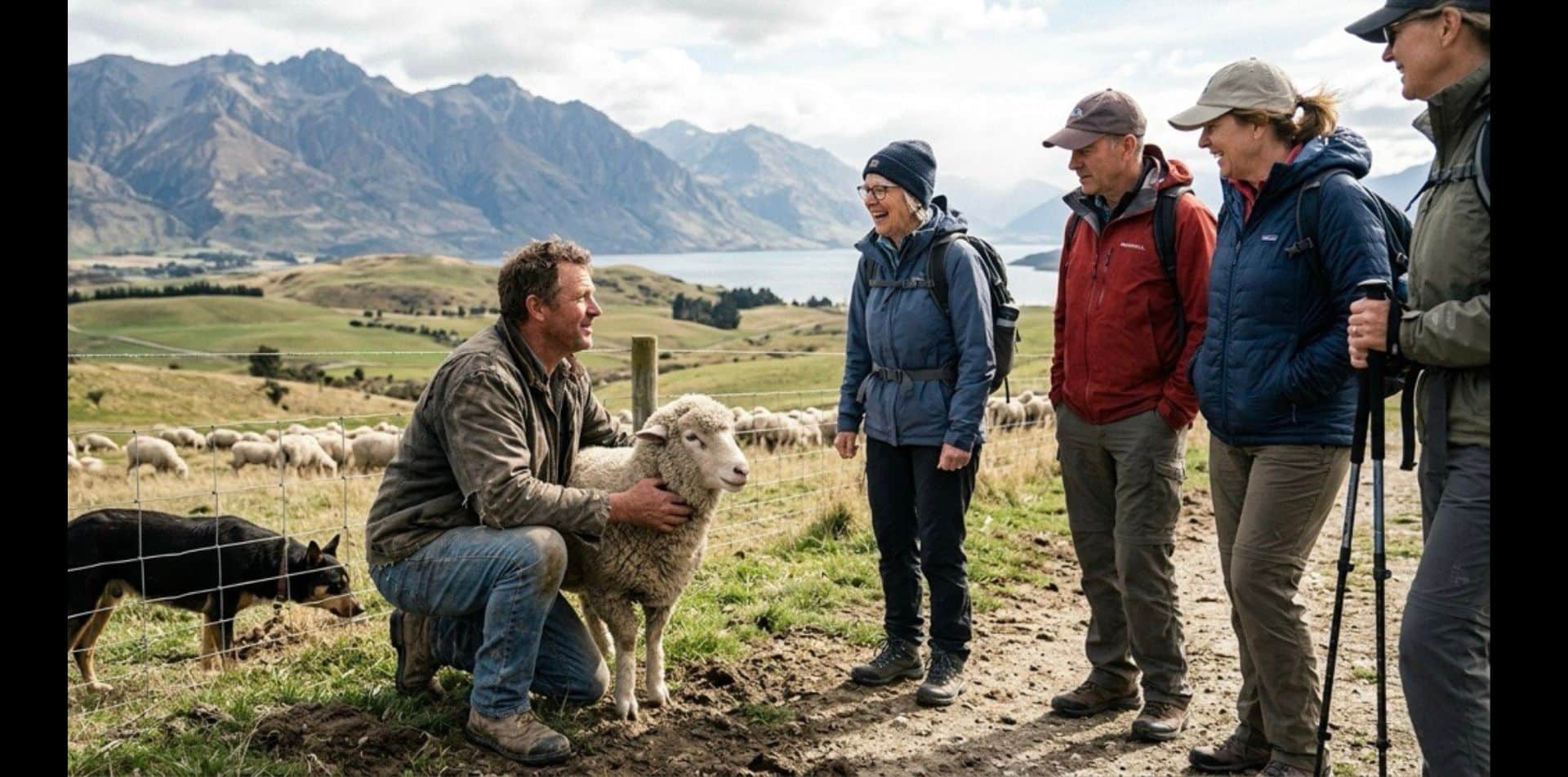 Meet sheep farmers at work on a countryside walk as you hear about their lifestyle and farm life in New Zealand.