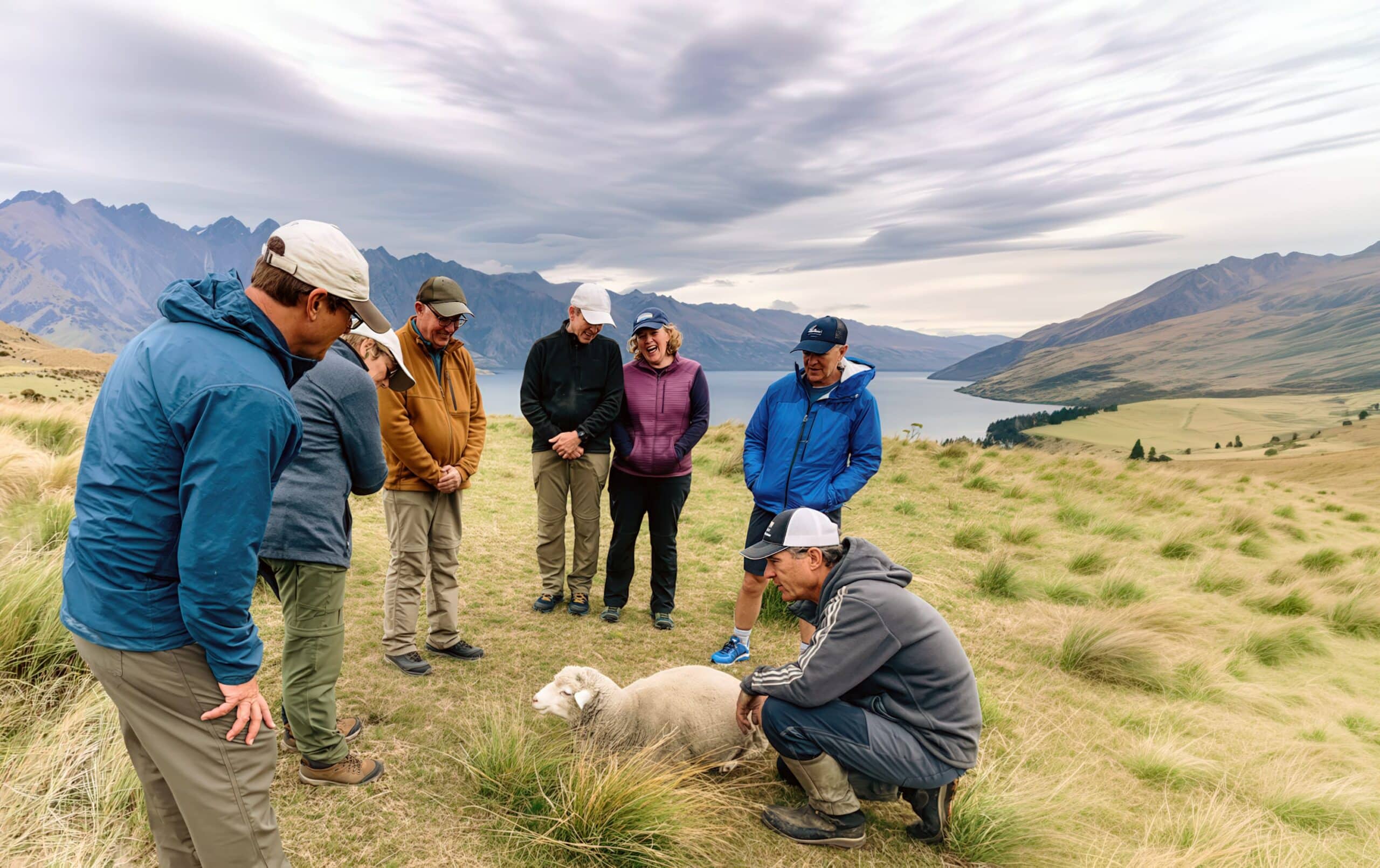 Classic Journeys guests gathered around a sheep with a local farmer on a New Zealand sheep station, overlooking a mountain lake and the Southern Alps.