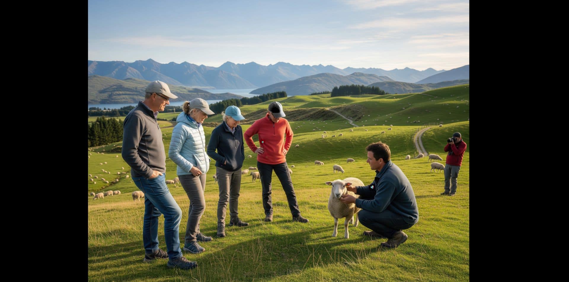 Meet sheep farmers at work on a countryside walk as you hear about their lifestyle and farm life in New Zealand.