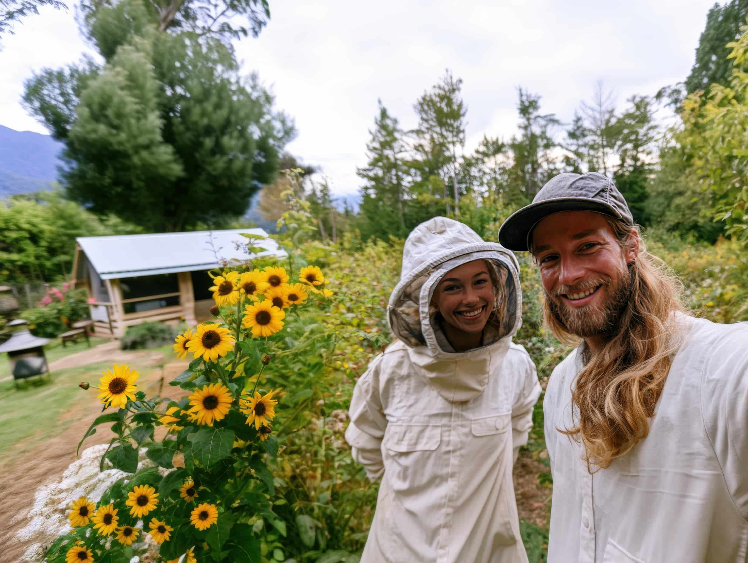 Smiling New Zealand beekeeper wearing a protective bee suit beside another local host in a garden filled with yellow flowers.