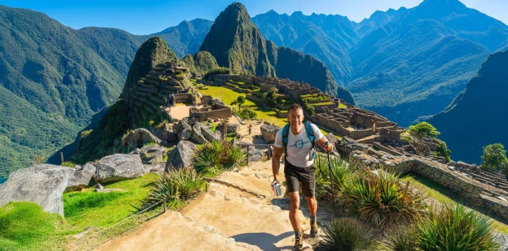 Man walking in Peru with Machu Picchu scenery